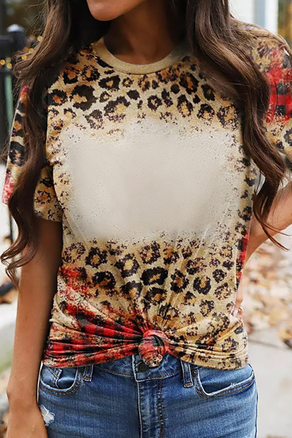Plaid Bleached Leopard Print Short Sleeve T Shirt