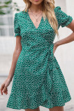 Green V Neck Polka Dot Wrap Ruffle Dress