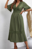 Green V Neck Lace Crochet Flare Sleeves Dress