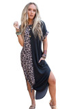 Black Contrast Solid Leopard Short Sleeve T-shirt Dress with Slits