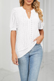 Plain V Neck Bubble Sleeves Hollow Out Top