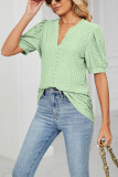 Plain V Neck Bubble Sleeves Hollow Out Top