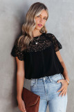 Black Lace Crochet Patchwork Short Sleeve Blouse