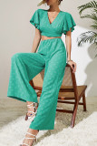 Green Texture Open Back Crop Top with Wide Leg Pants 2pcs Set