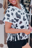 White Fringe Cow Print Short Sleeve Top