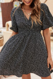 Black Spot Print Flare Sleeves V Neck High Waist Dress
