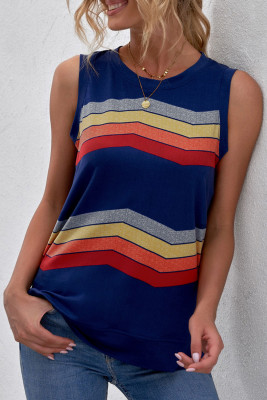 Blue Crew Neck Colorblock Stripes Tank Top