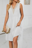 V Neck Lace Edge High Waist Pockets Sleeveless Tank Dress