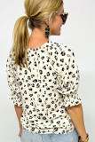 Beige Leopard Print Frilled Half Sleeve Blouse with Tassel Tie