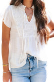 White Smocked Flutter Sleeve Drawstring V Neck Blouse