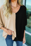 Black Color Block Shirred 3/4 Sleeve V Neck Top