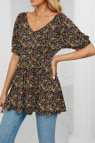 V Neck Puff Sleeves Floral Top