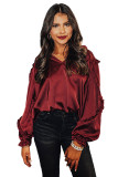 Red Split Neck Ruffled Satin Shirt