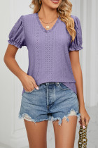 V Neck Lace Edge Puff Sleeves Hollow Out Top