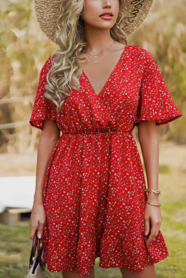 Red V Neck Wrap Floral Mini Dress