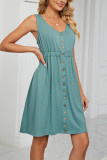 Button Down Elastic Waist Pockets Tank Dress