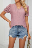 V Neck Lace Edge Puff Sleeves Hollow Out Top