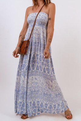 Blue Tube Smocked Floral Maxi Dress