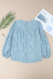 Blue Textured Ruffle Lantern Sleeve Babydoll Blouse
