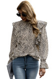 Leopard Frilled Neck Ruffled Long Sleeve Blouse