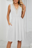 V Neck Lace Edge High Waist Pockets Sleeveless Tank Dress