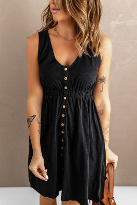 Black Buttons Sleeveless High Waist Mini Dress