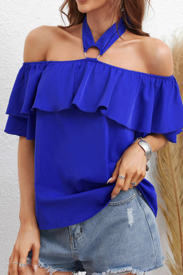 Royal Blue Halter Off Shoulder Ruffles Blouse Top