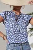 Blue Floral Split Frill Collar Blouse