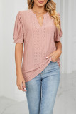 Plain V Neck Bubble Sleeves Hollow Out Top