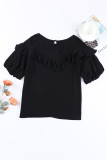 Black Floral Embroidered Flounce Puff Sleeve Blouse