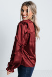 Red Split Neck Ruffled Satin Shirt