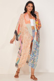 Orange Bohemian Patchwork Print Drawstring Puff Sleeve Kimono