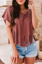 Red Fringe Hem V Neck T Shirt