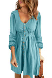 Sky Blue Button Up High Waist Long Sleeve Dress