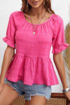 Pink Short Puff Sleeves Ruffle Top
