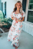 White V Neck Short Sleeves Floral Print Maxi Dress