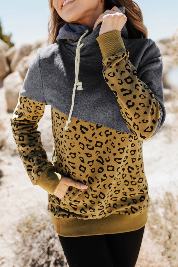 Leopard Colorblock Cowl Neck Hoodie