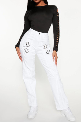 White High Waist Elastic Buckle Pants