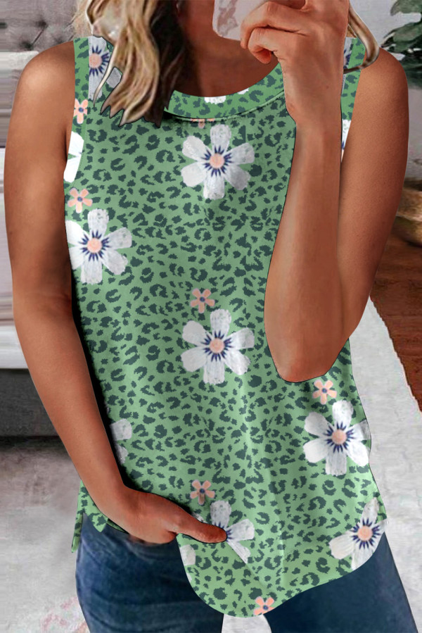 Green Crew Neck Floral Leopard Print Tank Top