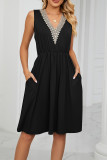 V Neck Lace Edge High Waist Pockets Sleeveless Tank Dress