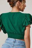 Dark Green Swiss Dot Wrap V Neck Flutter Sleeves Crop Top