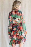 Green Abstract Print Ruffled Drawstring High Waist Mini Dress