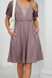 V Neck Lace Edge Pockets T-Shirt Dress