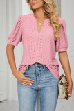 Plain V Neck Bubble Sleeves Hollow Out Top