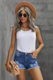 Dark Blue Distressed Ripped Denim Shorts with Pockets