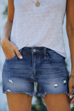 Dark Blue Distressed Ripped Denim Shorts with Pockets