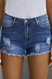 Dark Blue Distressed Ripped Denim Shorts with Pockets