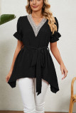Swiss Dot V Neck Lace Edge Babydoll Top