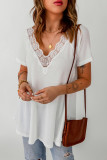 White Lace Crochet Waffle Knit Ruffled V Neck Top