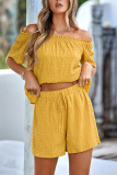 Plain Off Shoulder Smocked 2PCS Short Sets